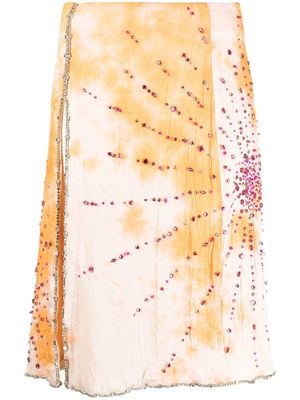 DES PHEMMES tie-dye crystal-embellished silk midi skirt - Orange