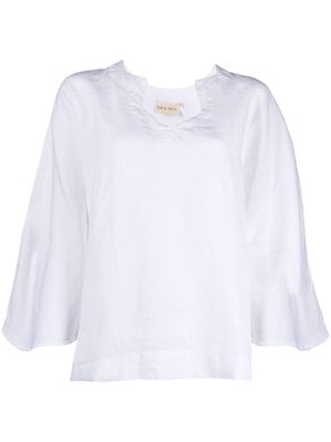 DES SEN wide-sleeve linen blouse - White