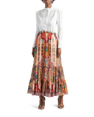 Desert Patchwork-Print Tiered Maxi Prairie Skirt