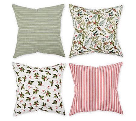 Design Imports Set of 4 Asst Holly Print/Stripe Pillow Covers