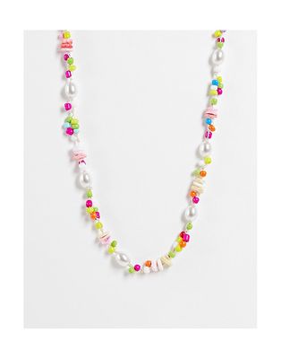 DesignB beaded necklace with faux pearl and stone-Multi