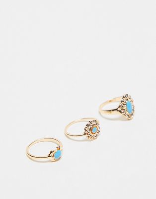 DesignB London 3 pack of rings with turquoise stone in gold
