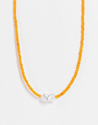 DesignB London beaded necklace with faux pearl in orange