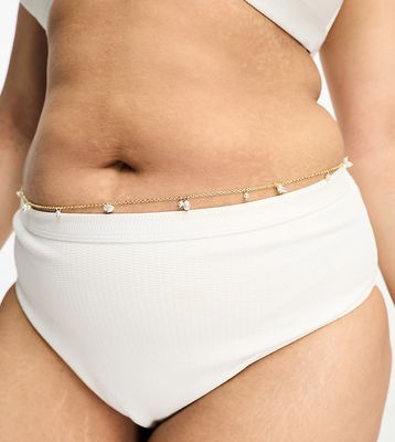 DesignB London Curve pearl charm belly chain in gold