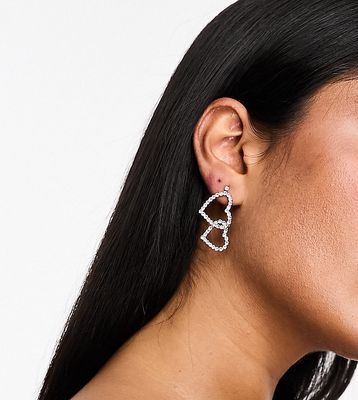 DesignB London double heart rhinestone earrings in silver