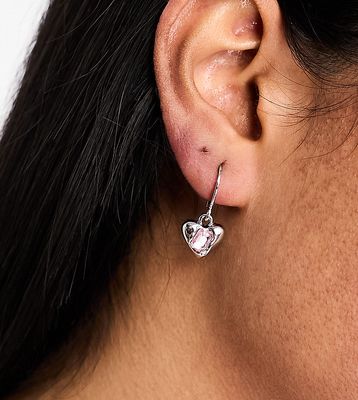 DesignB London huggie hoop earrings with crystal heart charms in silver
