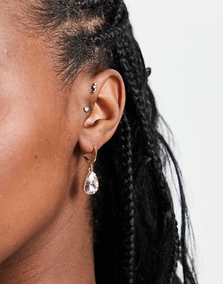 DesignB London huggie hoop earrings with pink crystal pendant in gold