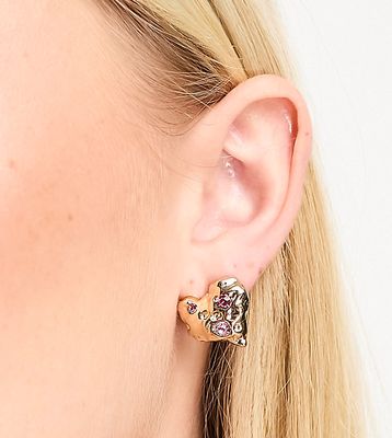 DesignB London molten heart stud earrings with crystals in gold