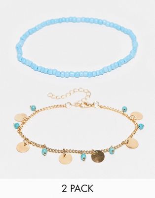 DesignB London multipack disc charm and beaded anklets in gold