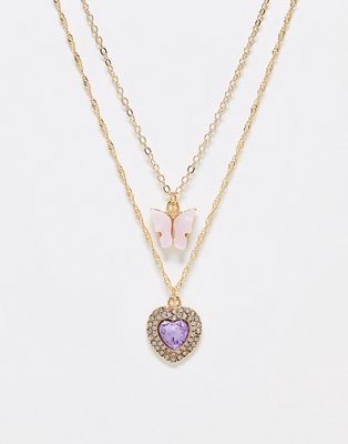 DesignB London multipack heart and butterfly shape necklace in gold