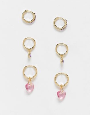 DesignB London multipack huggie hoop earrings in gold and pink