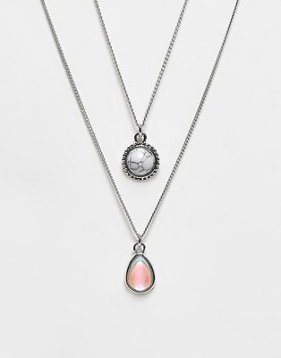 DesignB London multirow necklace with semi precious pendant-Silver