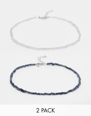 DesignB London pack of 2 beaded anklets in gray and silver-Multi