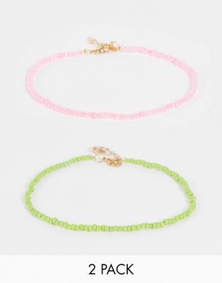 DesignB London pack of 2 beaded anklets in pink and green-Multi