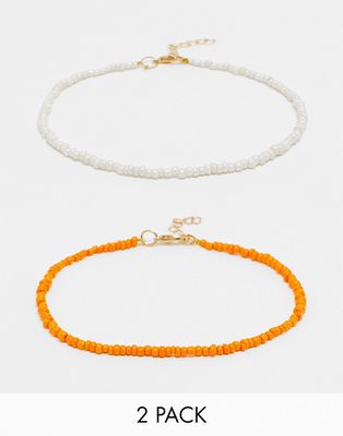 DesignB London pack of 2 beaded anklets in white and orange-Multi