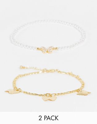 DesignB London pack of 2 butter fly pearl anklets in gold tone