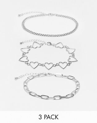 DesignB London pack of 3 chain anklets in silver
