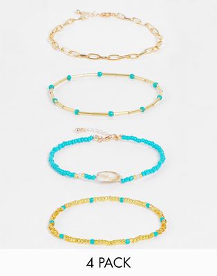 DesignB London pack of 4 anklets in bead and shell designs in gold tone