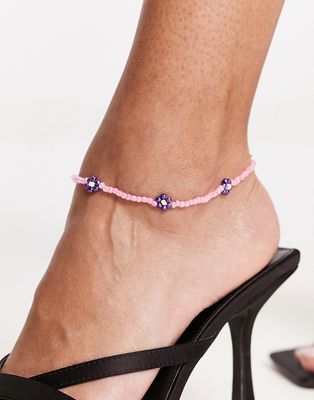 DesignB London pearl and flower beaded anklet in pink