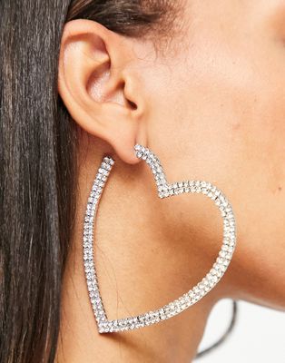 DesignB London rhinestone heart hoop earrings in silver