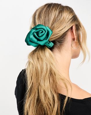DesignB London satin rose corsage scrunchie in dark green