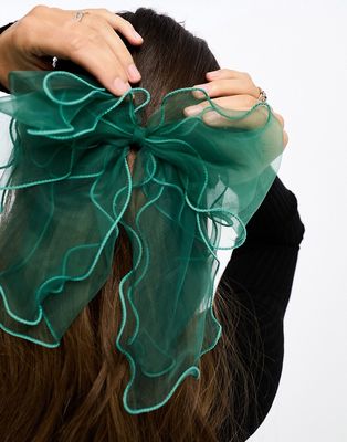 DesignB London stitch detail organza hair bow in jewel green