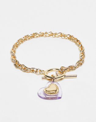 DesignB London t-bar bracelet with heart pendant in gold