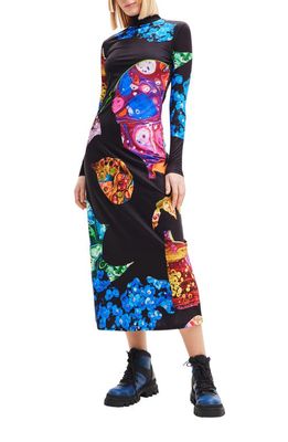Desigual Arles Lacroix Abstract Floral Long Sleeve Midi Dress in Black