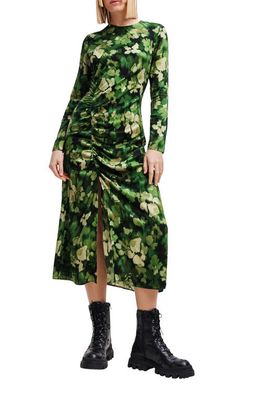 Desigual Camoflower Print Ruched Long Sleeve Midi Dress in Green