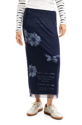 Desigual Fal Nona Text & Floral Print Mesh Skirt in Blue