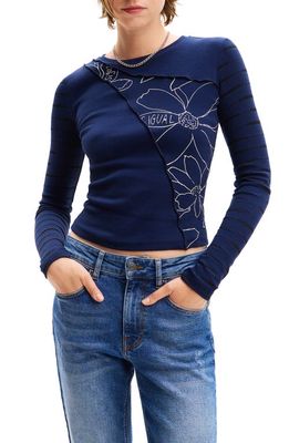 Desigual Floral Exposed Seam T-Shirt in Blue