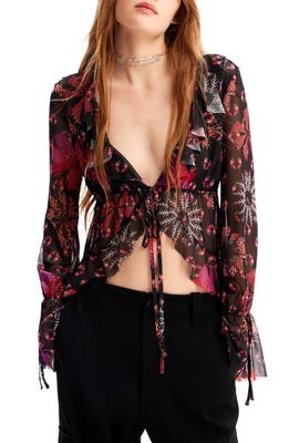 Desigual Lua Geo Print Long Sleeve Fie Front Blouse in Red