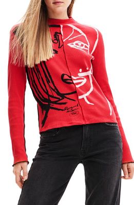 Desigual Maca Rib Abstract Cotton Sweater in Red