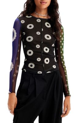 Desigual Mixed Print Colorblock Mesh Top in Black