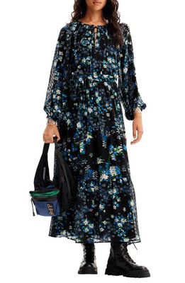 Desigual Rhode Island Floral Print Long Sleeve Maxi Dress in Black