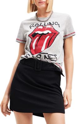 Desigual Rolling Stones Rhinestone Graphic T-Shirt in Grey Multi