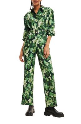 Desigual Ronda Floral Camo Belted Jumpsuit in Green