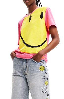 Desigual Smiley Big Graphic T-Shirt in Pink
