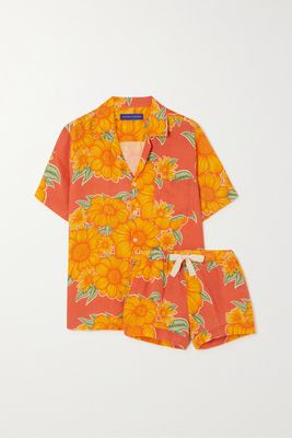 Desmond & Dempsey - Cuban Tithonia Floral-print Linen Pajama Set - Orange