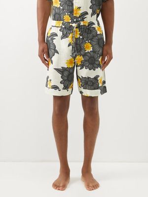 Desmond & Dempsey - Drawstring-waist Floral-print Linen Pyjama Shorts - Mens - Cream Multi
