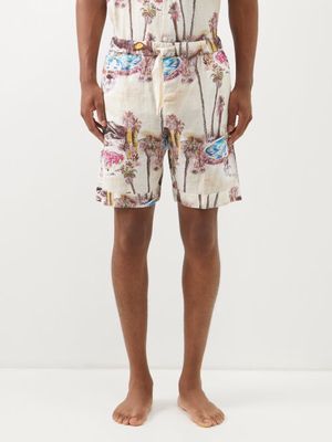 Desmond & Dempsey - Drawstring-waist Floral-print Linen Pyjama Shorts - Mens - Navy Multi