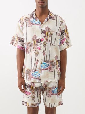 Desmond & Dempsey - Short-sleeved Floral-print Linen Pyjama Shirt - Mens - Navy Multi