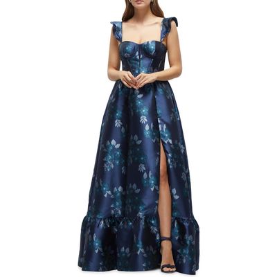 Dessy Collection Baroque Rose Structured Bodice Gown in Midnight Navy Damask