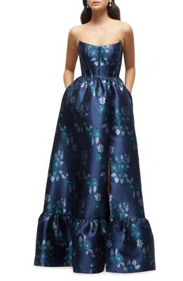 Dessy Collection Damask Strapless Gown in Midnight Navy Damask 