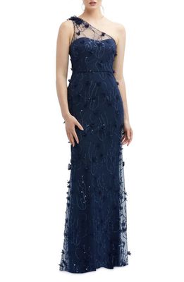 Dessy Collection Floral Appliqué One-Shoulder Gown in Midnight