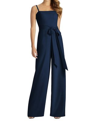 Dessy Collection Women's Alana Spaghetti Strap Crepe Jumpsuit with Sash Dress in Midnight