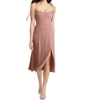 Dessy Collection Women's Bustier Crepe Midi Dress with Adjustable Bow Straps in Desert Rose