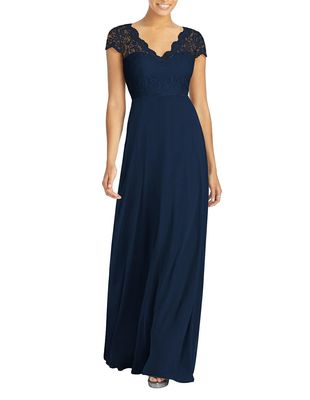 Dessy Collection Women's Cap Sleeve Illusion-Back Lace And Chiffon Dress in Midnight