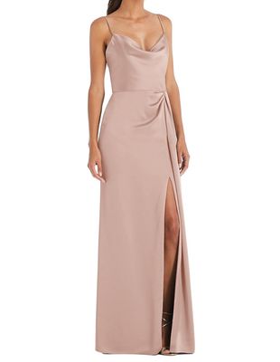 Dessy Collection Women's Cowl-Neck Draped Wrap Maxi Dress with Front Slit in Toasted Sugar
