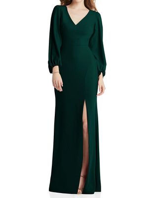 Dessy Collection Women's Long Puff Sleeve V-Neck Trumpet Gown in Evergreen